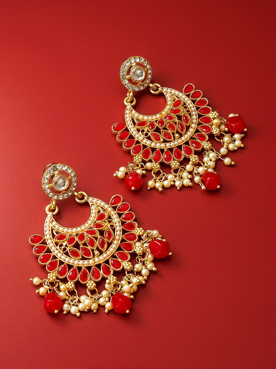 

aadita Women Gold-Toned Red Stone Studded & Pearl Beaded Chandbali Drop Earrings