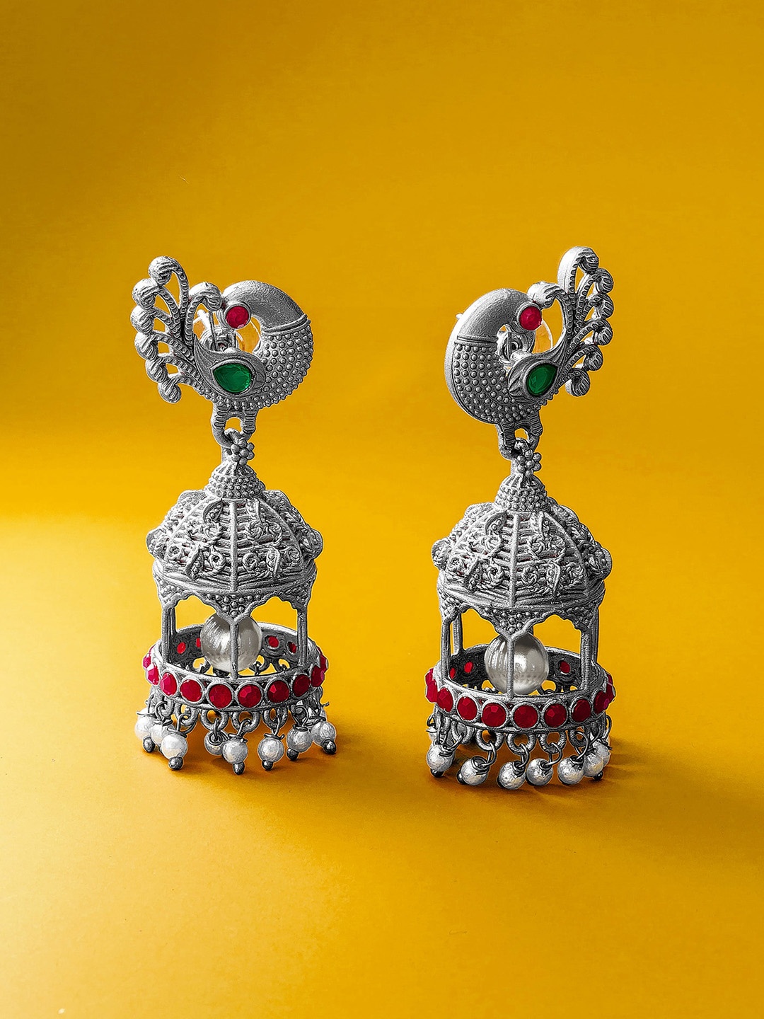 

aadita Silver-Toned & Red & White Pearl Dropping Contemporary Jhumkas Earrings