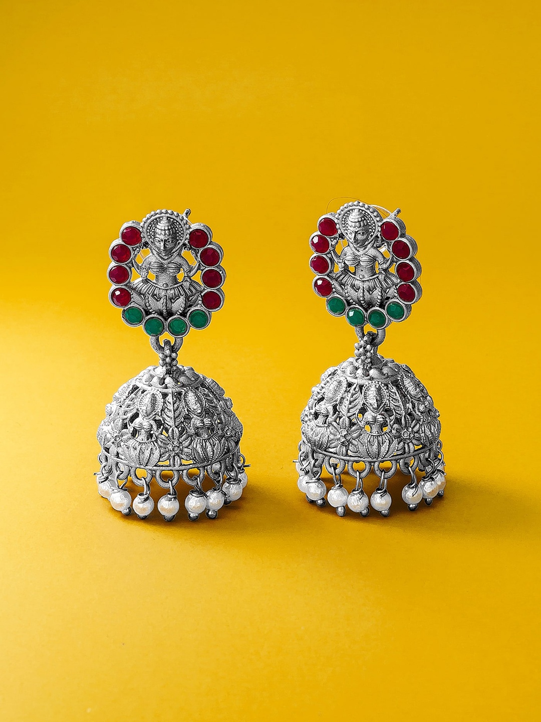 

aadita Silver-Plated Red & Green Stone Studded Classic Jhumkas Earrings