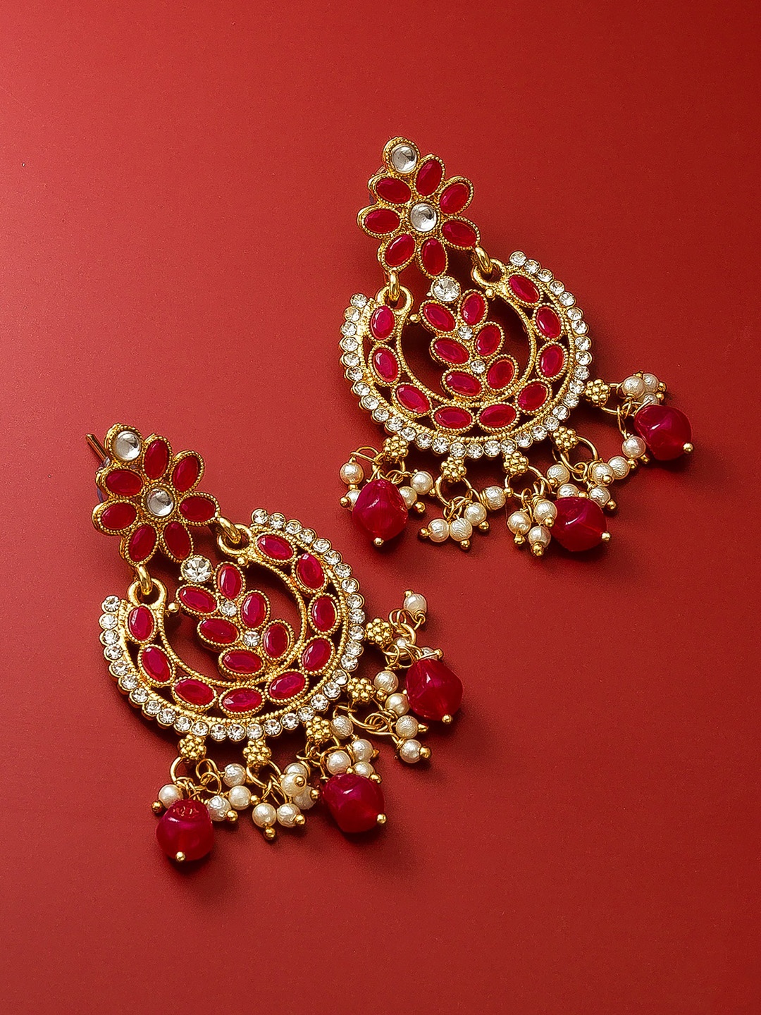 

aadita Gold-Toned Circular Chandbalis Pearl Drop Earrings