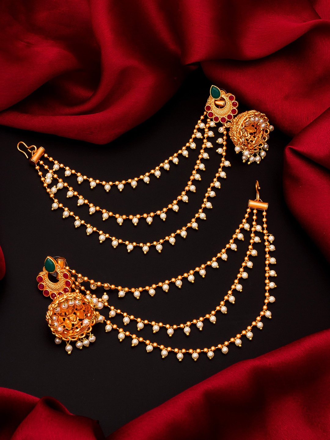

aadita Women Gold-Toned & Green Dome Shaped Jhumkas Earrings With Layered Hair Chain