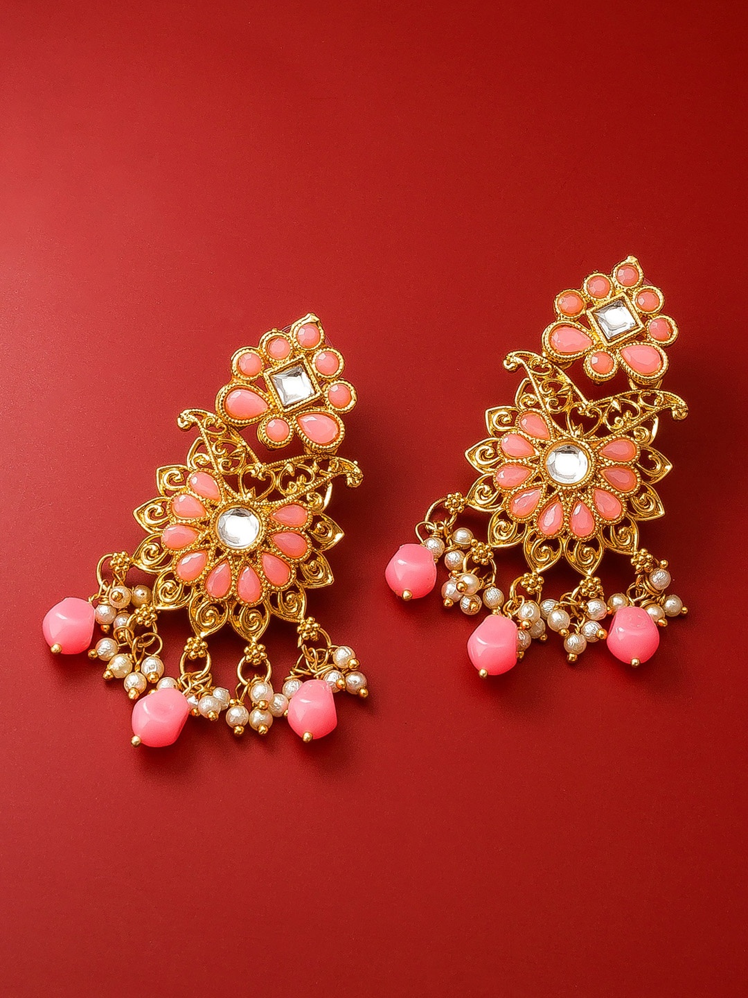 

aadita Gold-Toned & Pink Contemporary Drop Earrings