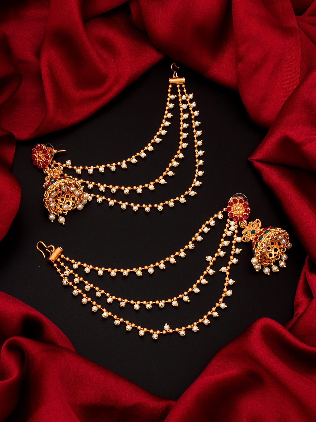 

aadita Gold-Toned Contemporary Jhumkas Earrings With Hair-Chain