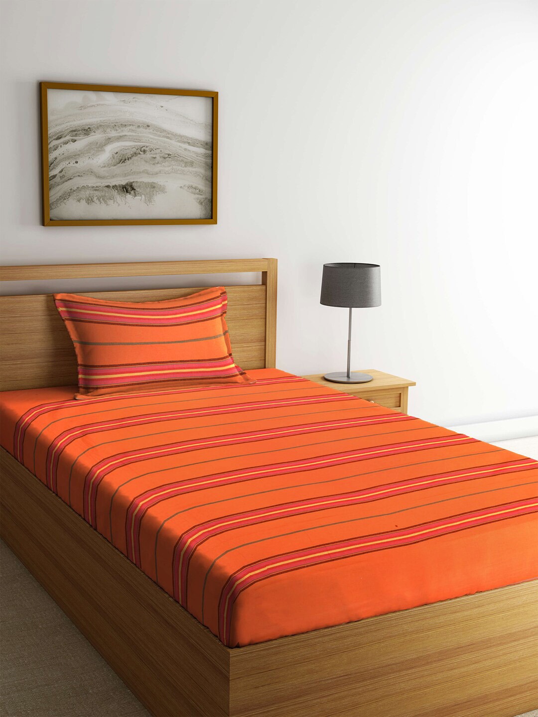 Arrabi Orange Striped 300 TC Single Bedsheet with 1 Pillow Covers