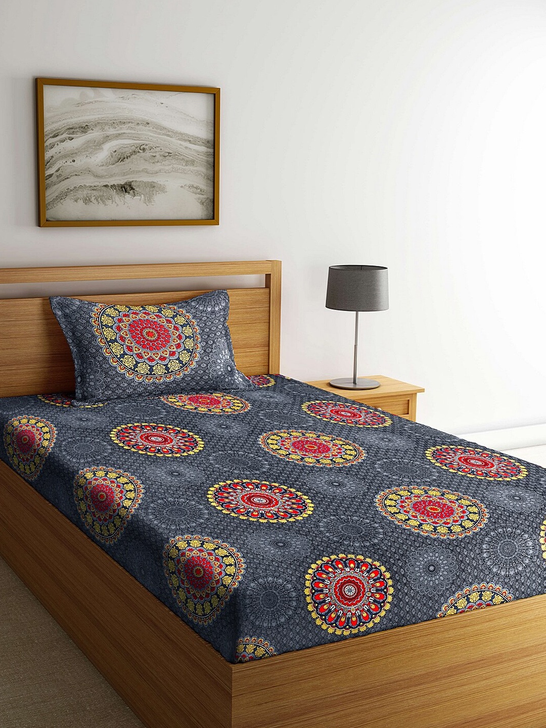

Arrabi Grey & Red Ethnic Motifs 300 TC Single Bedsheet with 1 Pillow Covers