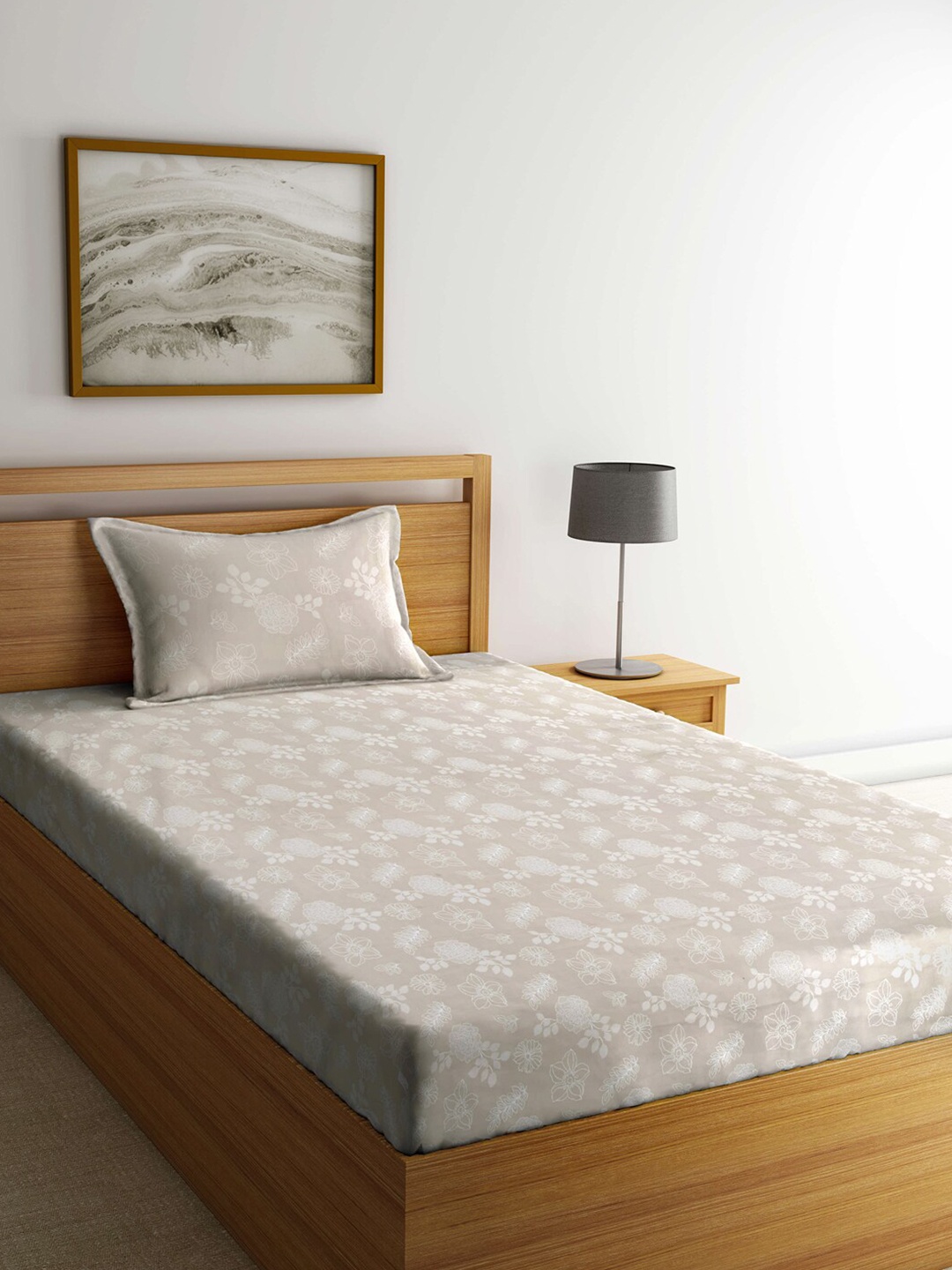 

Arrabi Grey Floral 300 TC Single Bedsheet with 1 Pillow Covers
