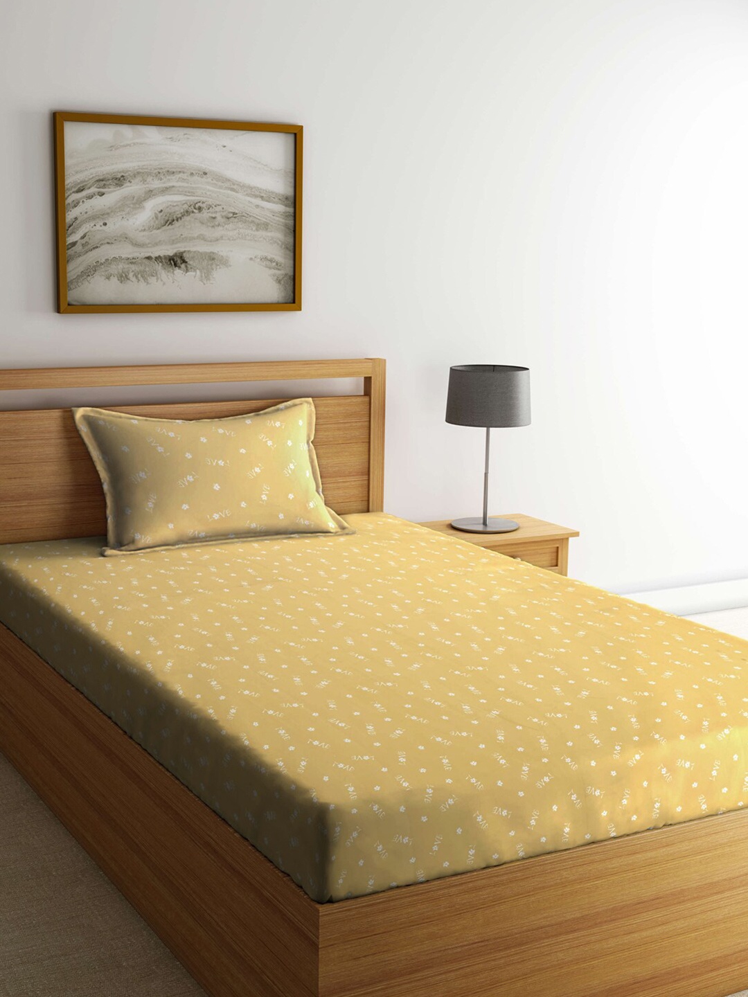 

Arrabi Yellow Graphic 300 TC Single Bedsheet with 1 Pillow Covers