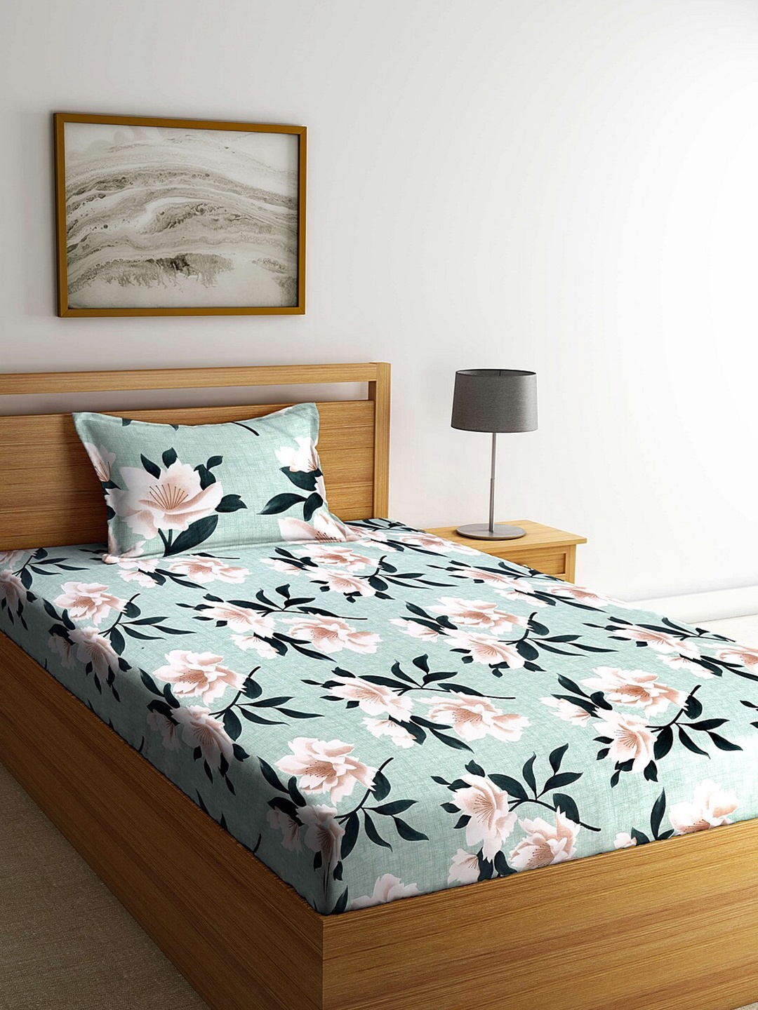 

Arrabi Green & White Floral 300 TC Single Bedsheet with 1 Pillow Covers