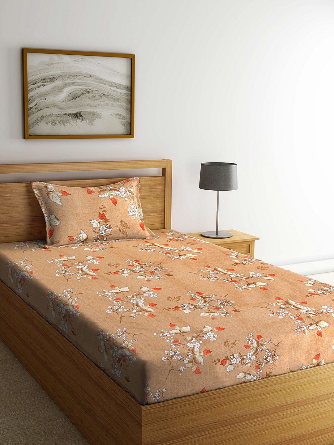 Arrabi Beige Floral 300 TC Single Bedsheet with 1 Pillow Covers