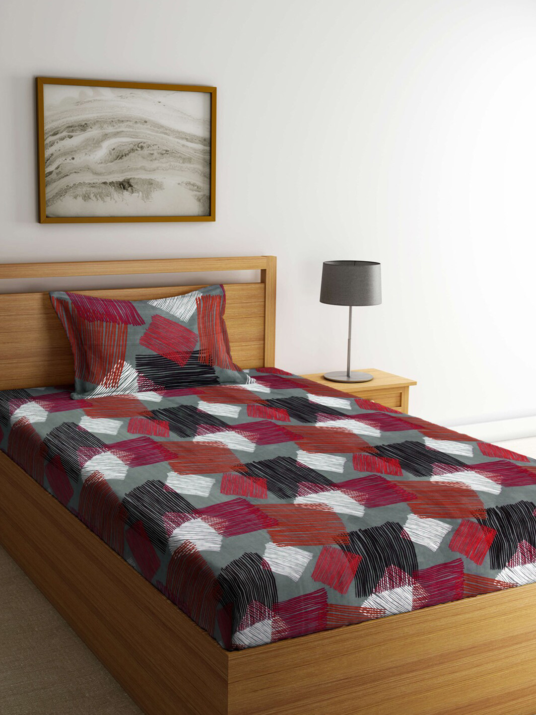 

Arrabi Grey & Maroon Geometric 300 TC Single Bedsheet with 1 Pillow Covers
