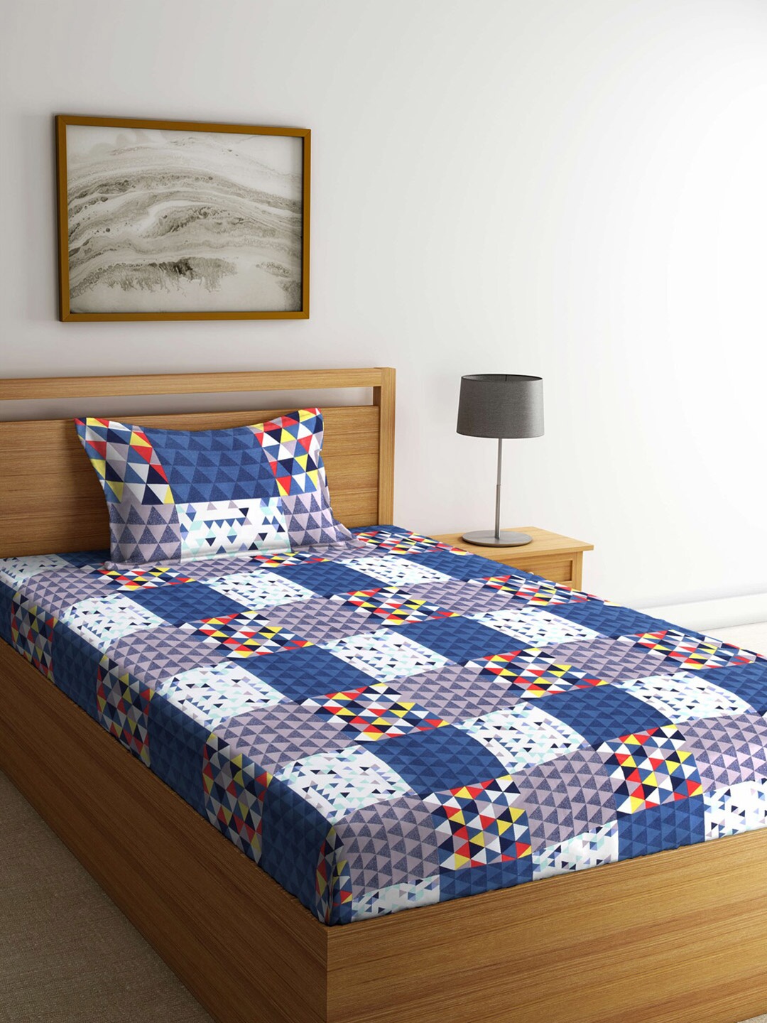 

Arrabi White & Blue Geometric 300 TC Single Bedsheet with 1 Pillow Covers
