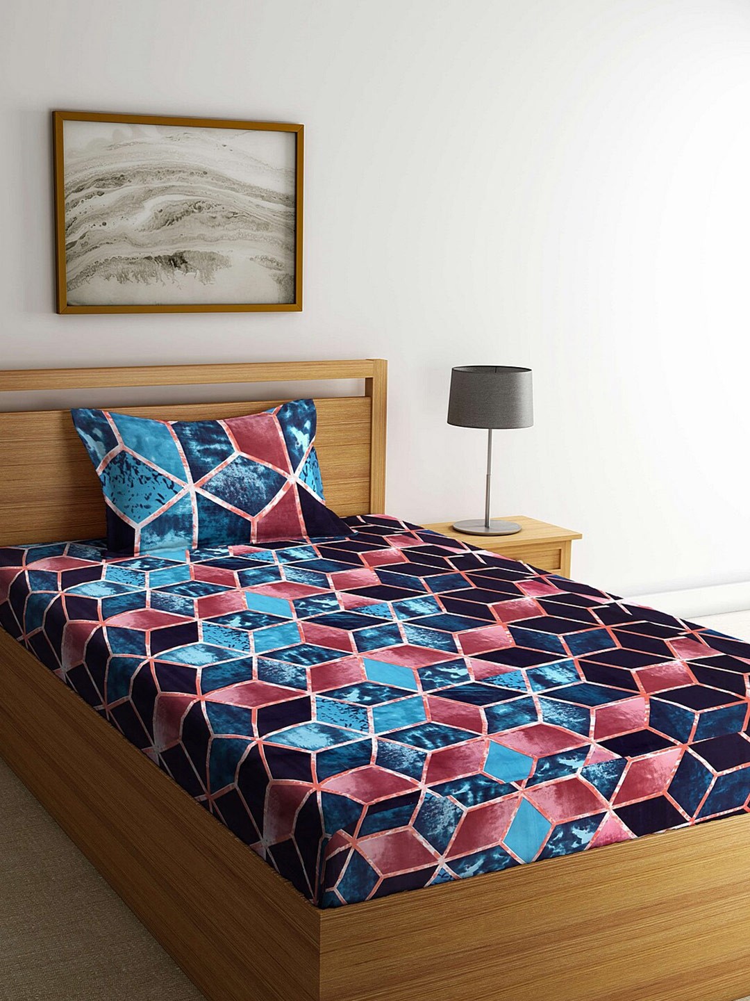

Arrabi Blue & Pink Geometric 300 TC Single Bedsheet with 1 Pillow Covers