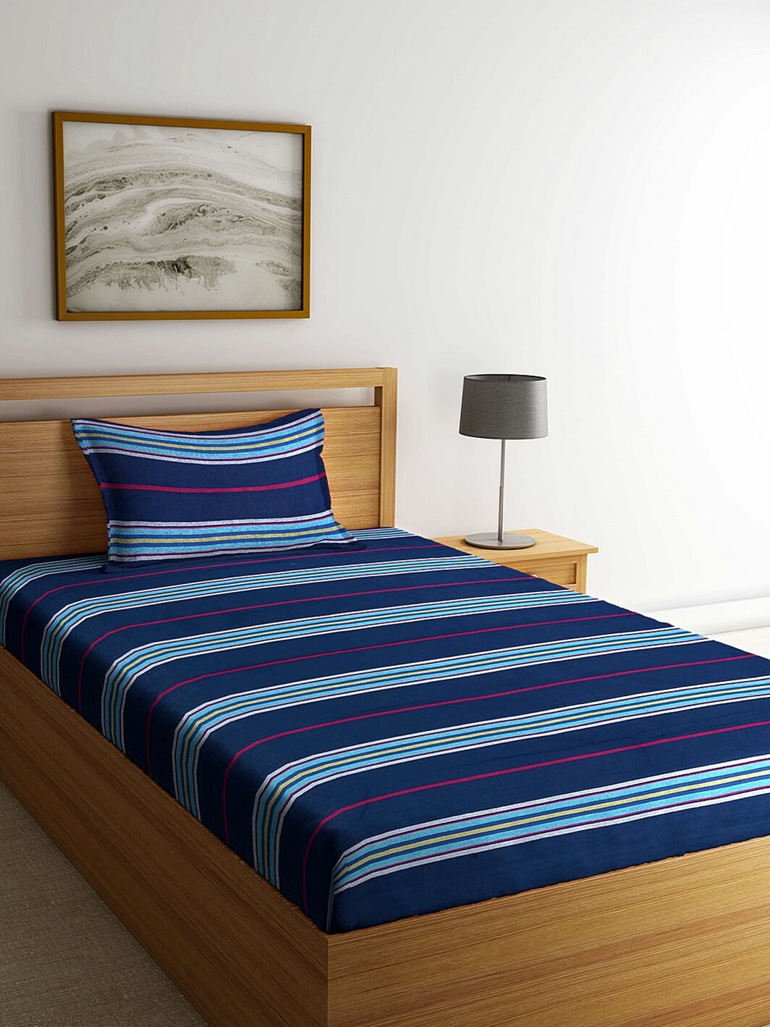 

Arrabi Blue Striped 300 TC Single Bedsheet with 1 Pillow Covers