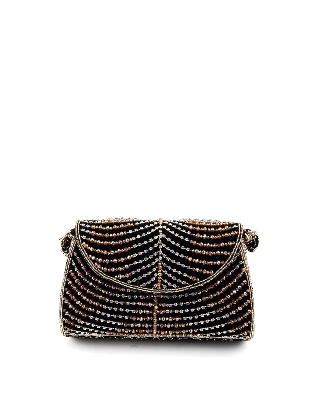 

ODETTE Black & Gold-Toned Embellished Embroidered Foldover Clutch