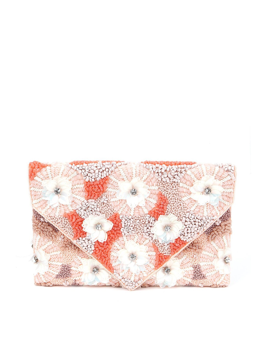 

ODETTE Pink & White Embellished Envelope Clutch With Detachable Silver Tone Strap