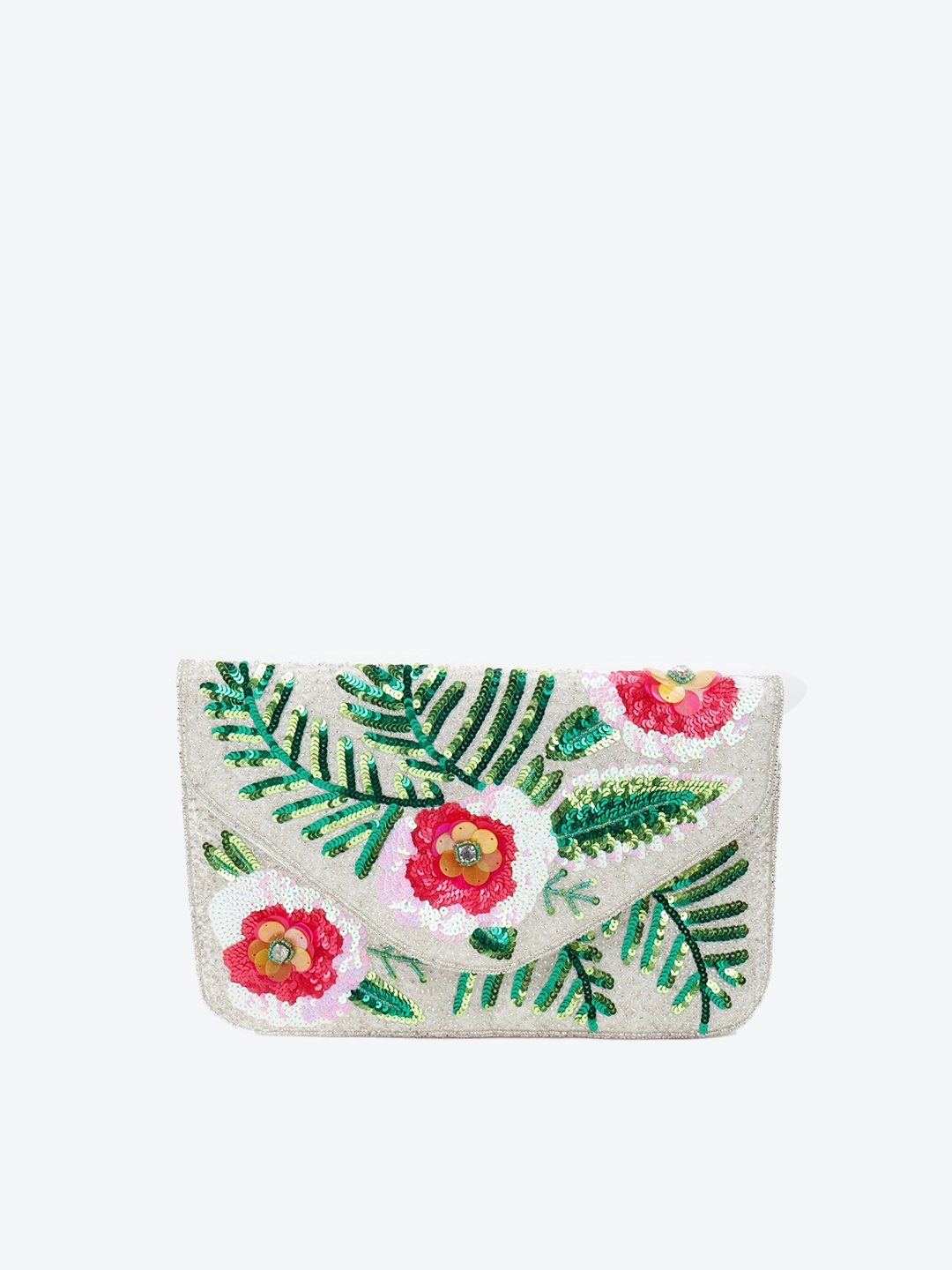 

ODETTE White & Green Embroidered Embellished Envelope Clutch