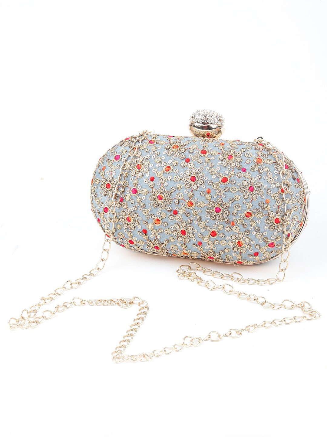 

ODETTE Grey & Orange Embellished Embroidered Box Clutch