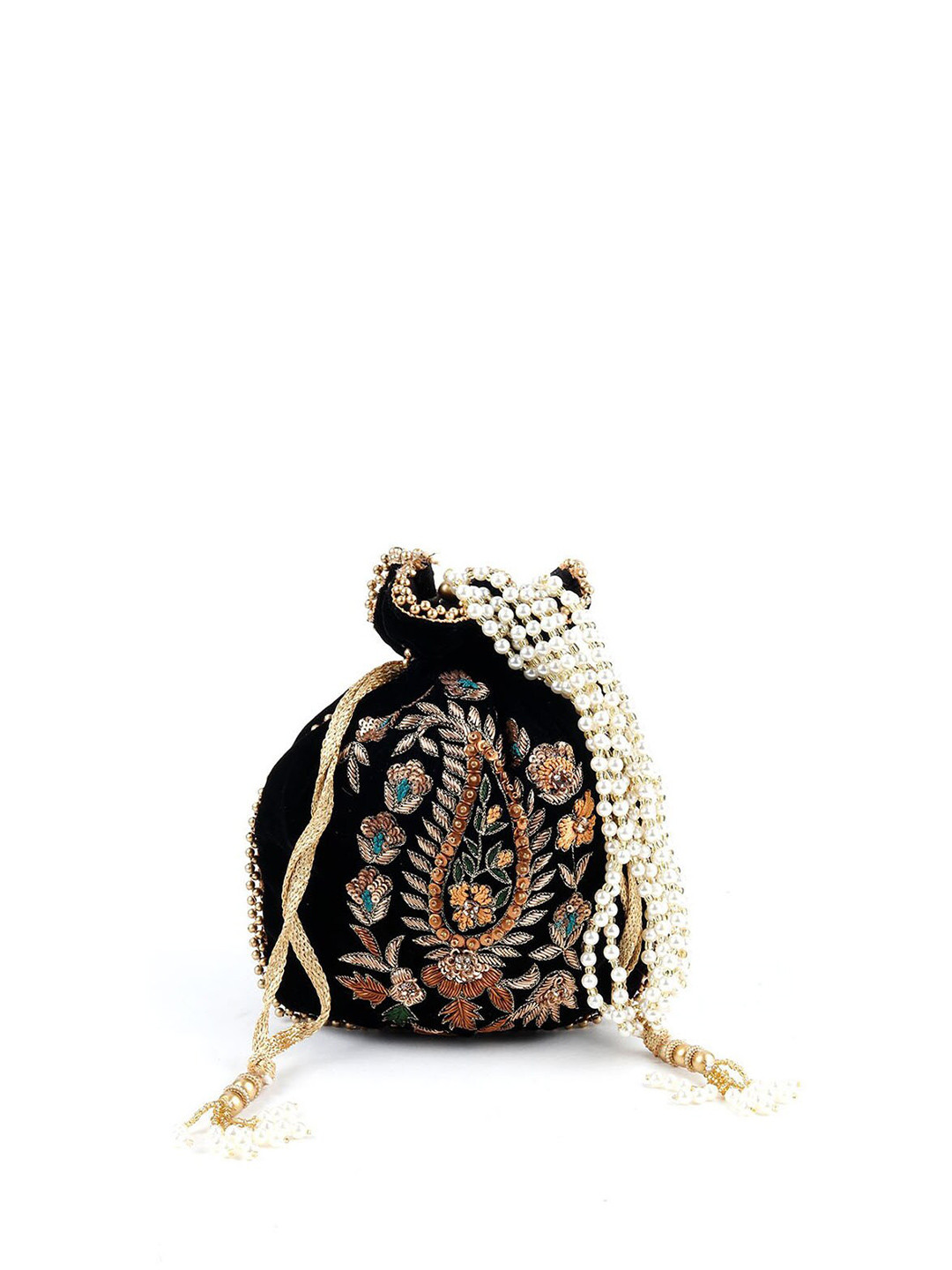 

ODETTE Black & Gold-Toned Embroidered Potli Clutch