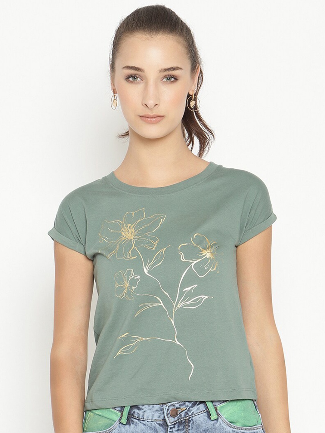 

METTLE Men Olive Green Printed Extended Sleeves Cotton T-shirt