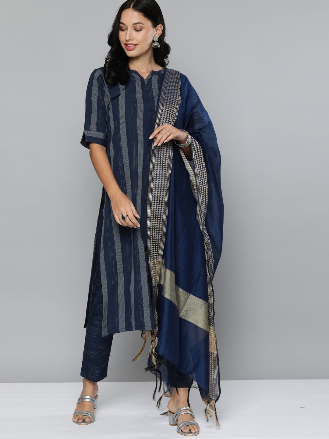 

Kvsfab Women Navy Blue Striped Regular Pure Cotton Kurta with Trousers & With Dupatta