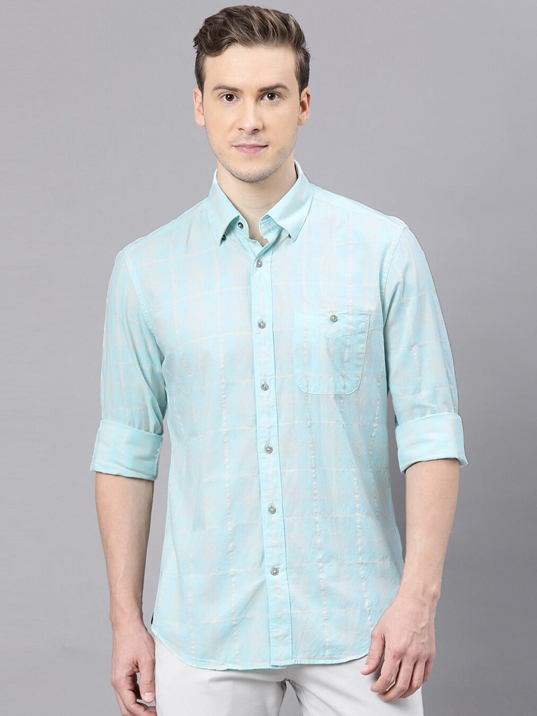 

RARE RABBIT Men Turquoise Blue Checked Casual Shirt