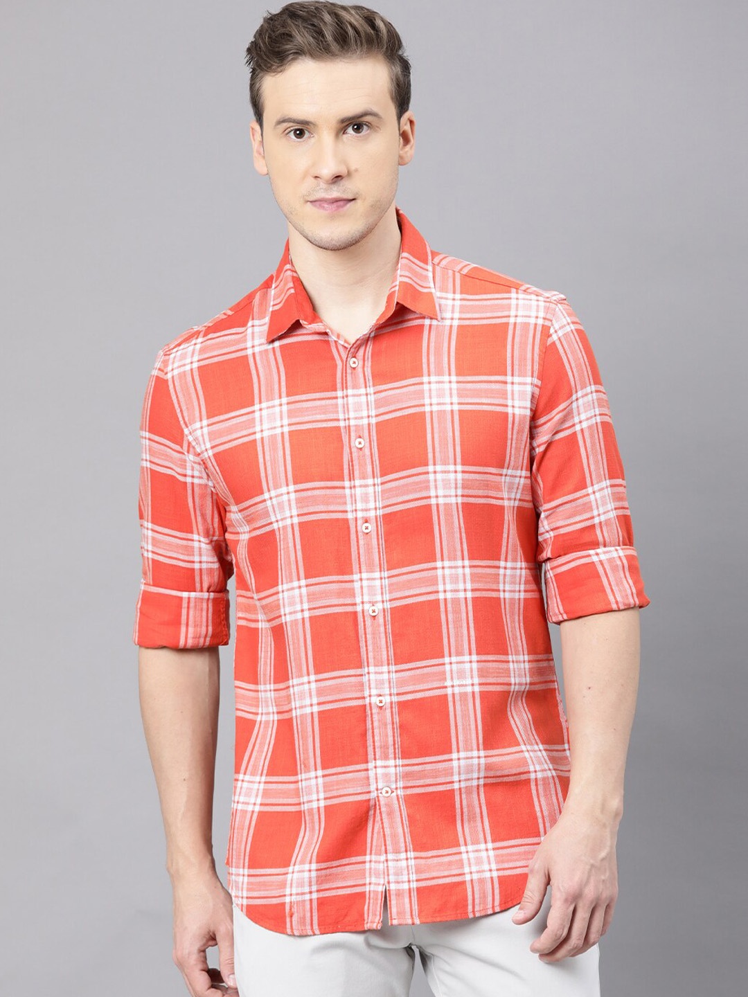 

RARE RABBIT Men Extend Regular Fit Tartan Opaque Checked Shirt, Orange