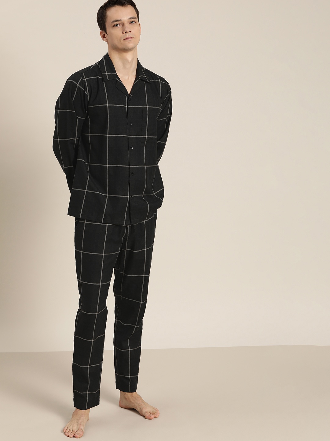 

ether Men Black & Grey Pure Cotton Checked Pyjama Set