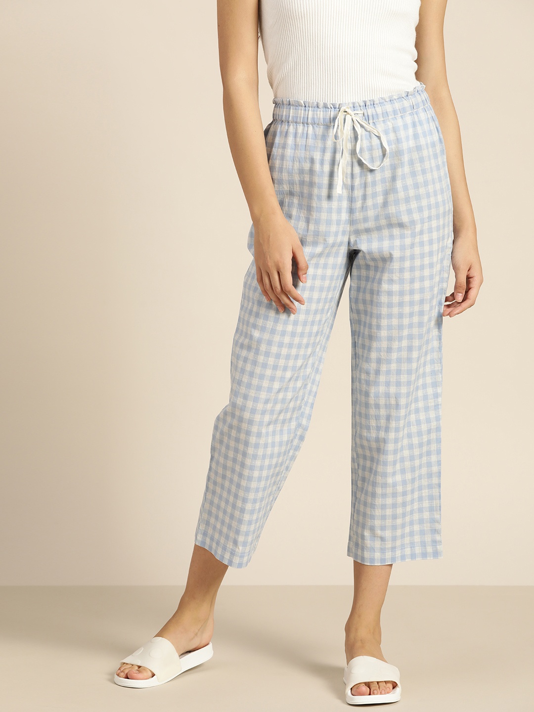 

ether Women White & Blue Pure Cotton Checked Lounge Pants