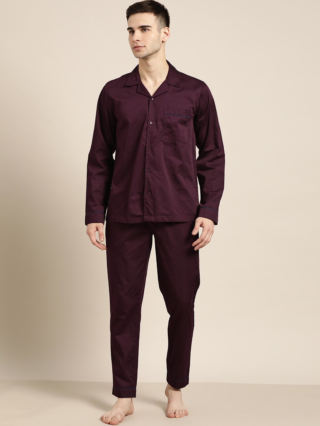

ether Men Maroon Pure Cotton Solid Pyjama Set