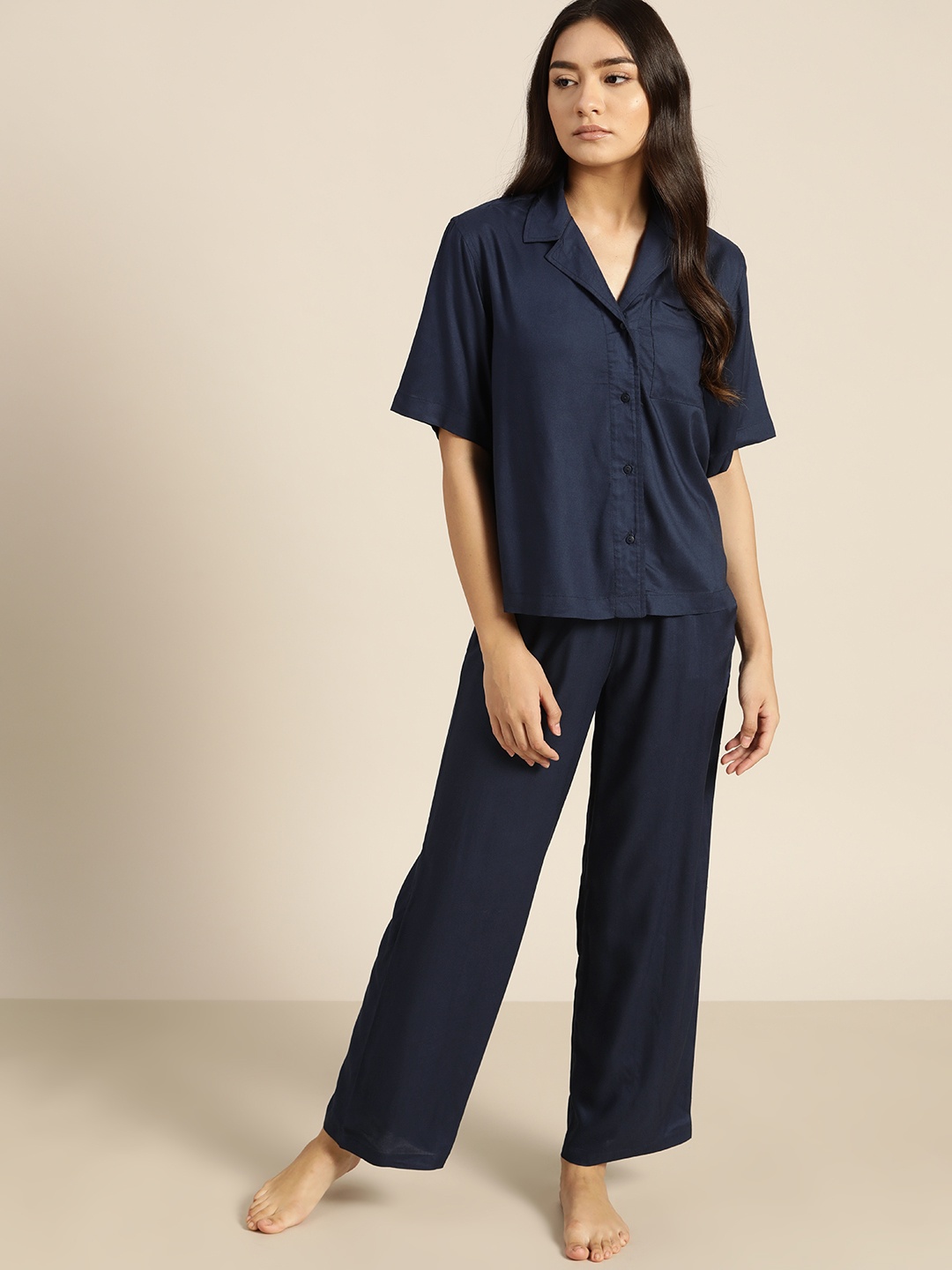 

ether Women Navy Blue Solid Lounge Pyjama Set