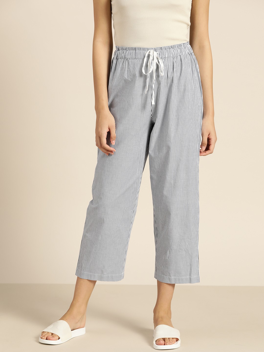

ether Women White & Navy Blue Pure Cotton Striped Lounge Pants