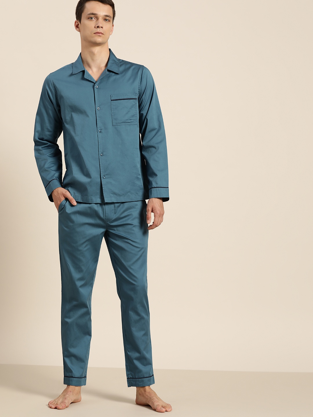 

ether Men Teal Blue Solid Night suit