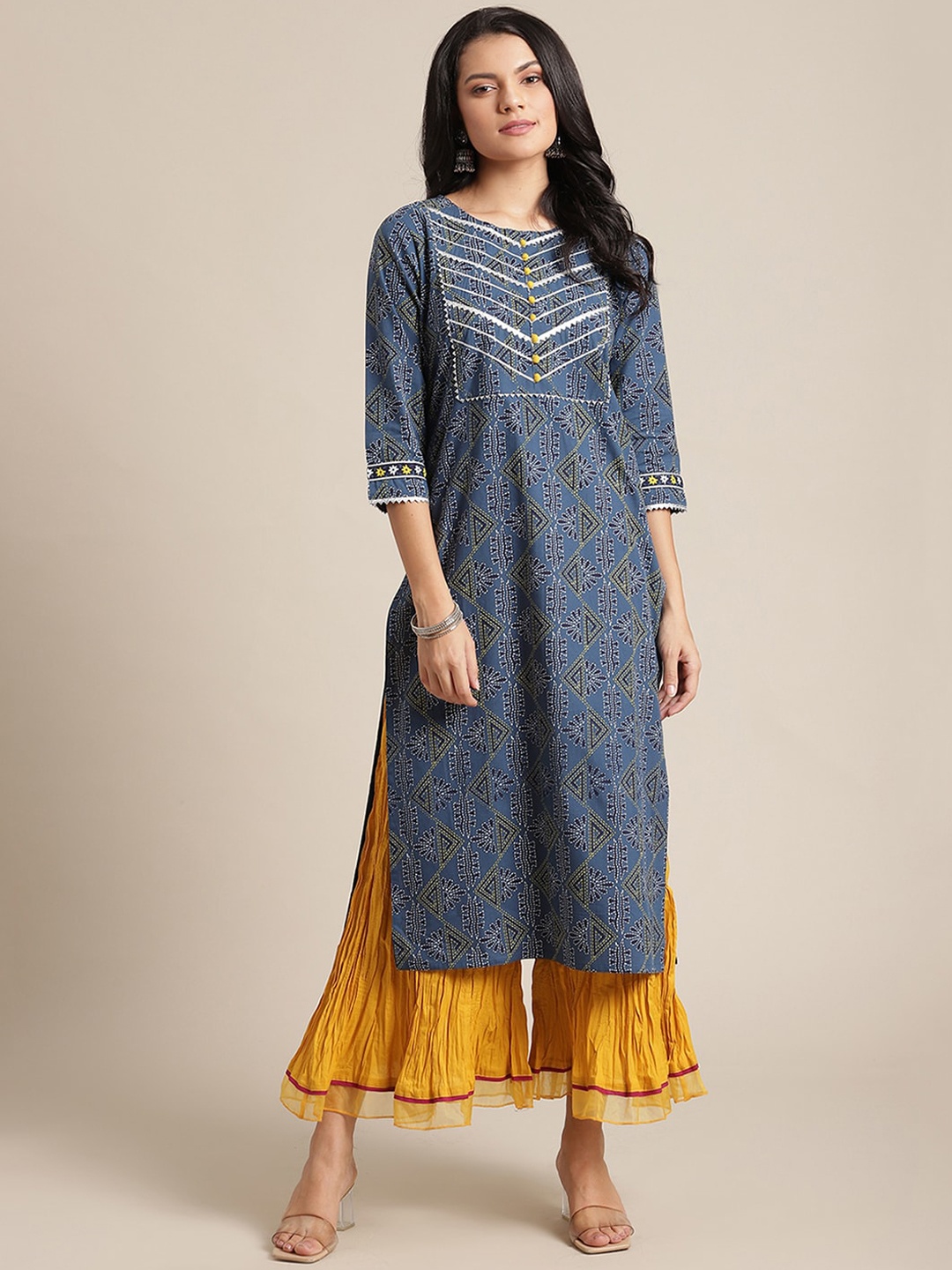

Varanga Women Blue & Yellow Ethnic Motifs Printed Regular Pure Cotton Kurta with Sharara