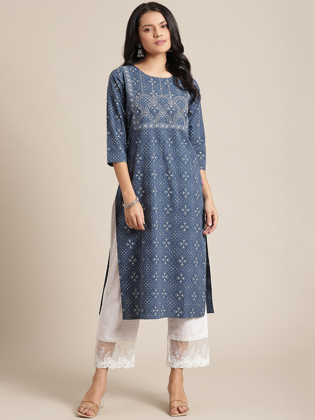 

Varanga Women Navy Blue Floral Pleated Pure Cotton Kurta with Trousers