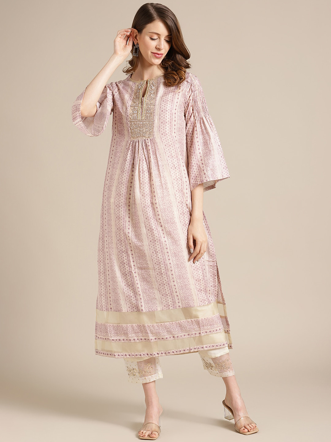 

Varanga Women Beige& Pink Printed Panelled Pure Silk Kurta with Trousers