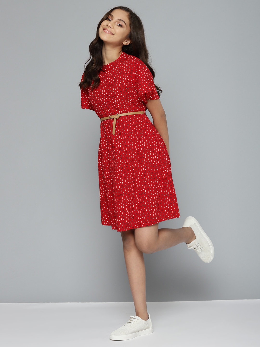 

M&H Juniors Girls Red & White Abstract Print Fit & Flare Dress