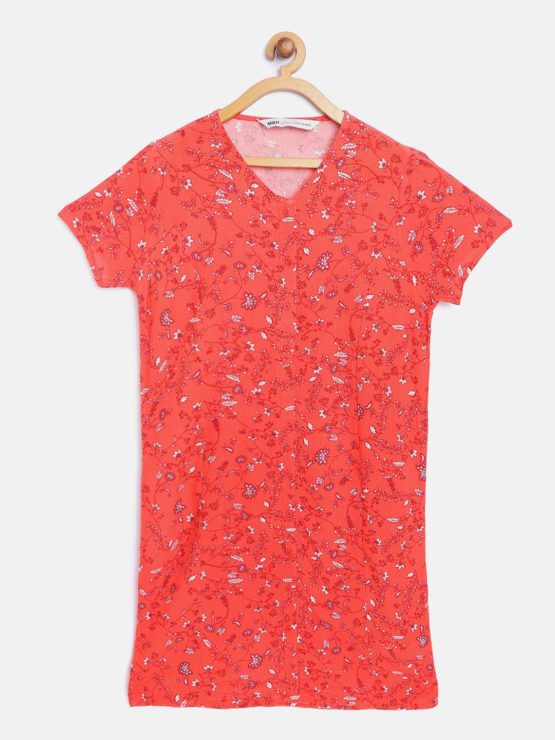 

M&H Juniors Girls Coral Red & White Floral Print Shift Dress