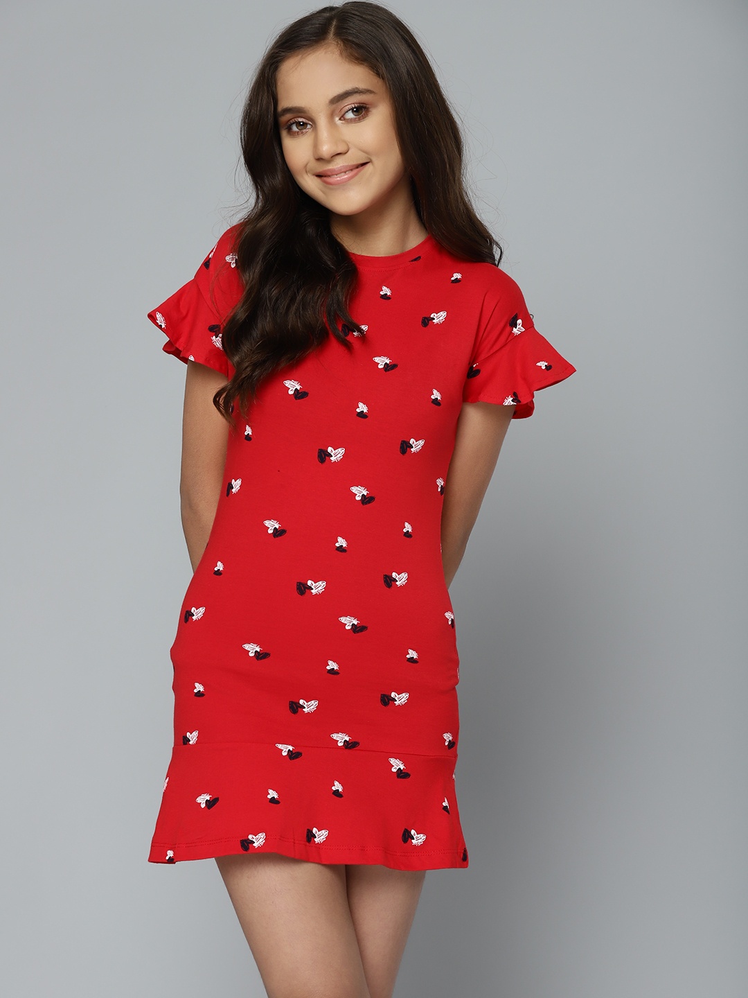 

M&H Juniors Girls Red Printed Pure Cotton A-Line Dress