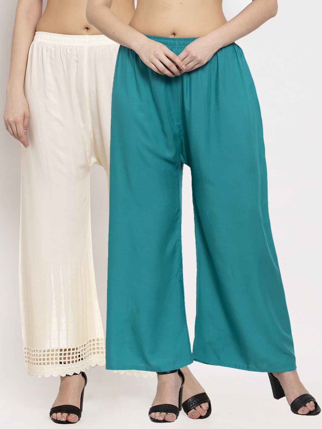 

Miaz Lifestyle Women Pack of 2 Off White & Turquoise Blue Solid Wide Leg Palazzos