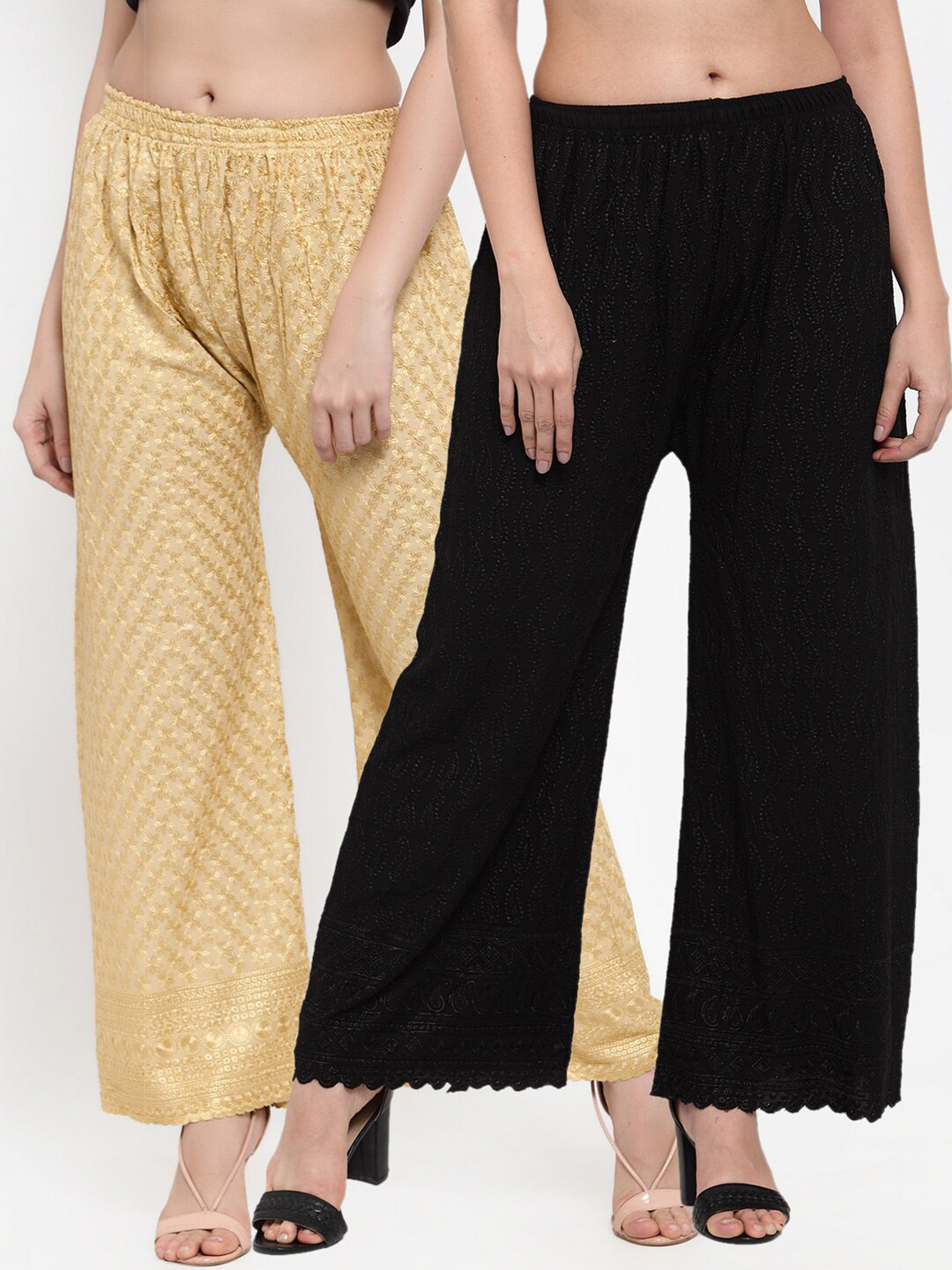 

Miaz Lifestyle Women Pack Of 2 Black & Beige Embroidered Palazzos