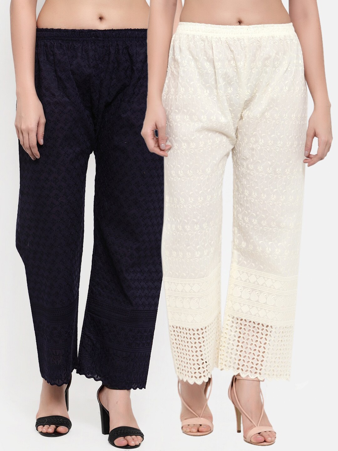 

Miaz Lifestyle Women Pack of 2 Navy Blue & Off White Embroidered Ethnic Palazzos