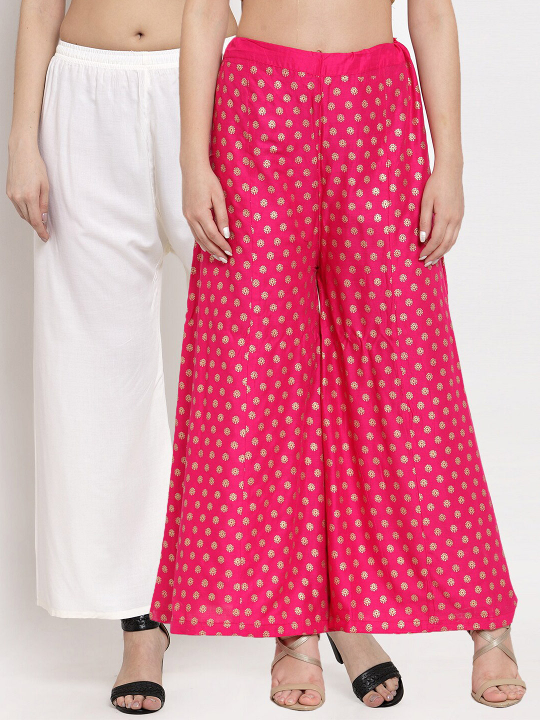 

Miaz Lifestyle Women Pack Of 2 Off White & Pink Printed Palazzos