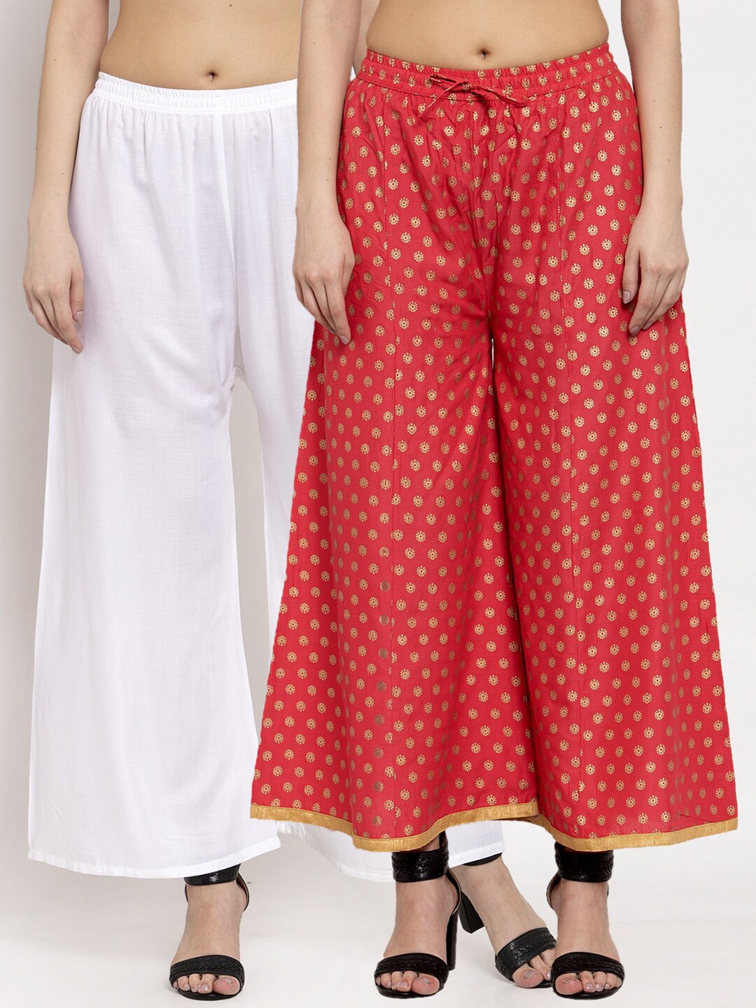 

Miaz Lifestyle Women Pack of 2 White & Red Printed Flared Palazzos