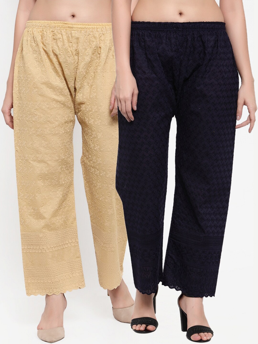 

Miaz Lifestyle Women Pack Of 2 Beige & Navy Blue Embroidered Palazzos
