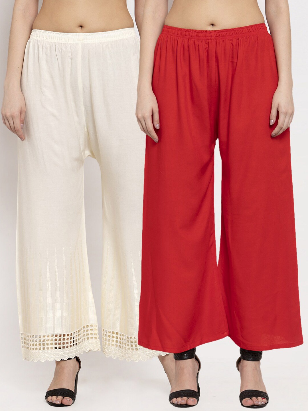 

Miaz Lifestyle Women Pack of 2 Off White & Red Solid Palazzos