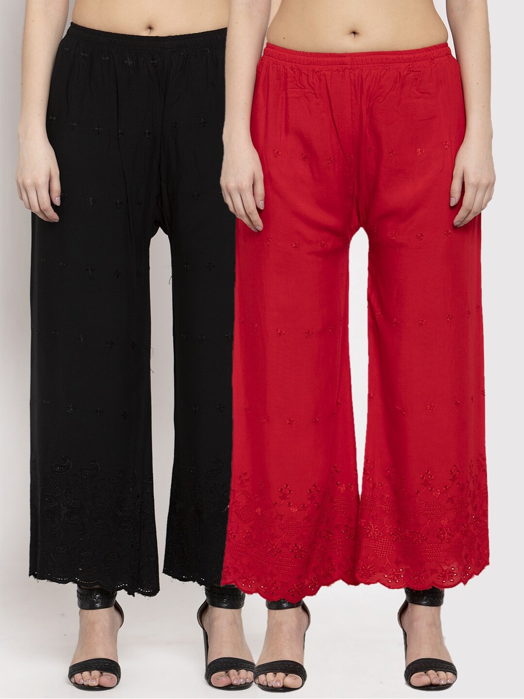 

Miaz Lifestyle Women Pack of 2 Red & Black Embroidered Wide Leg Palazzos