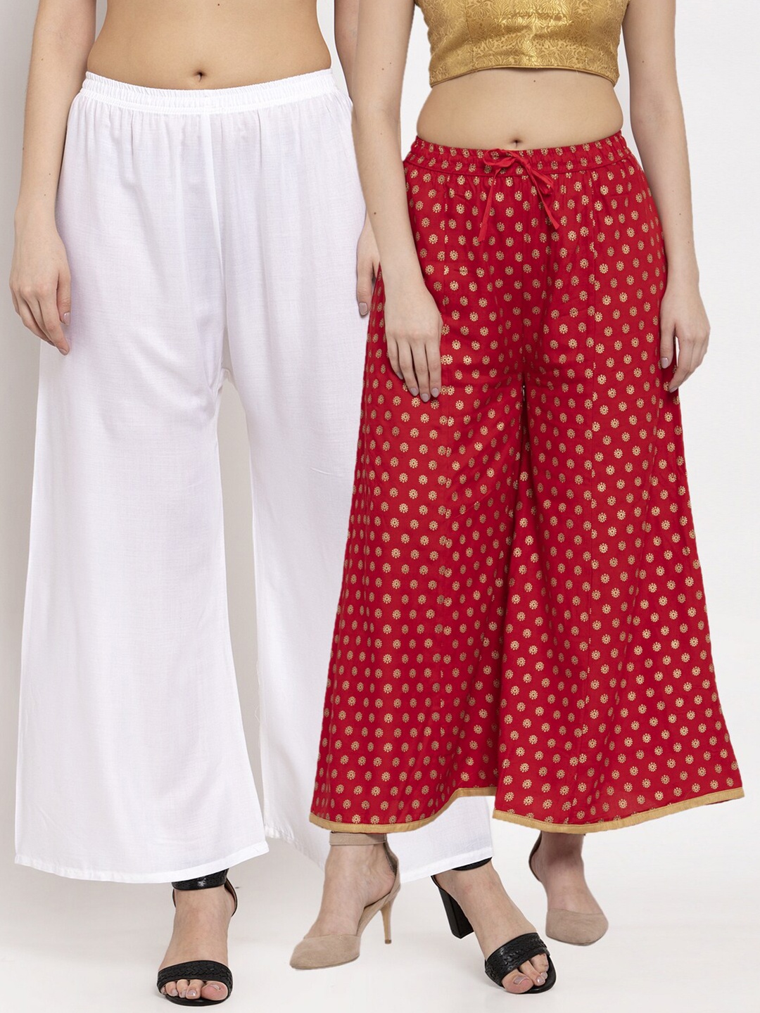 

Miaz Lifestyle Women Pack Of 2 White & Red Floral Printed Solid Ethnic Palazzos