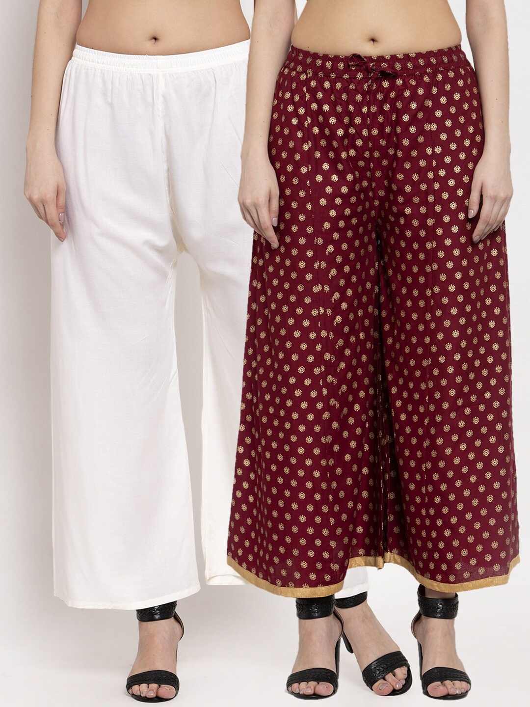 

Miaz Lifestyle Women Pack Of 2 Off White & Maroon Solid Ethnic Palazzos