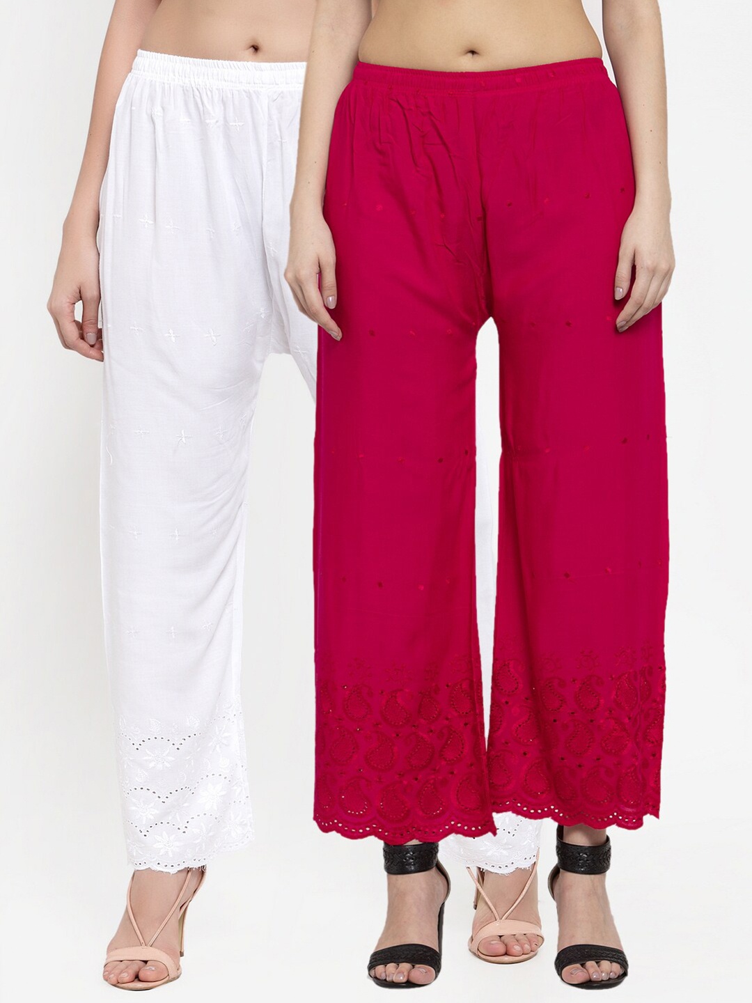 

Miaz Lifestyle Women Pack of 2 Pink & White Embroidered Wide Leg Palazzos