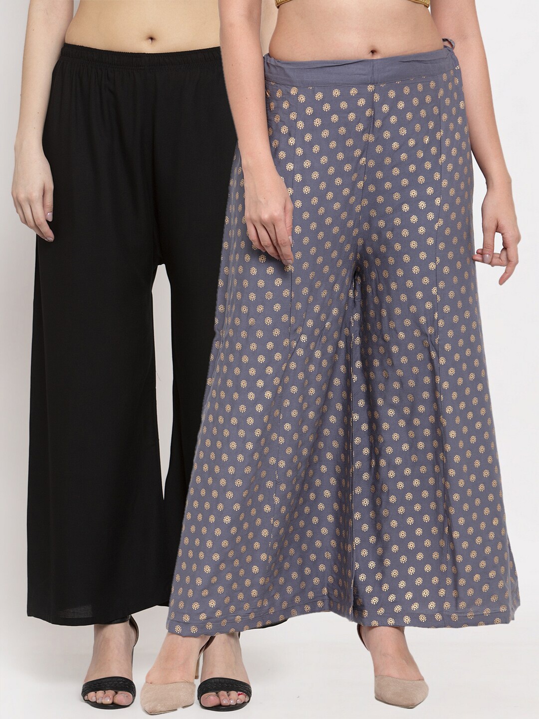 

Miaz Lifestyle Women Pack of 2 Grey & Black Printed Flared Palazzos